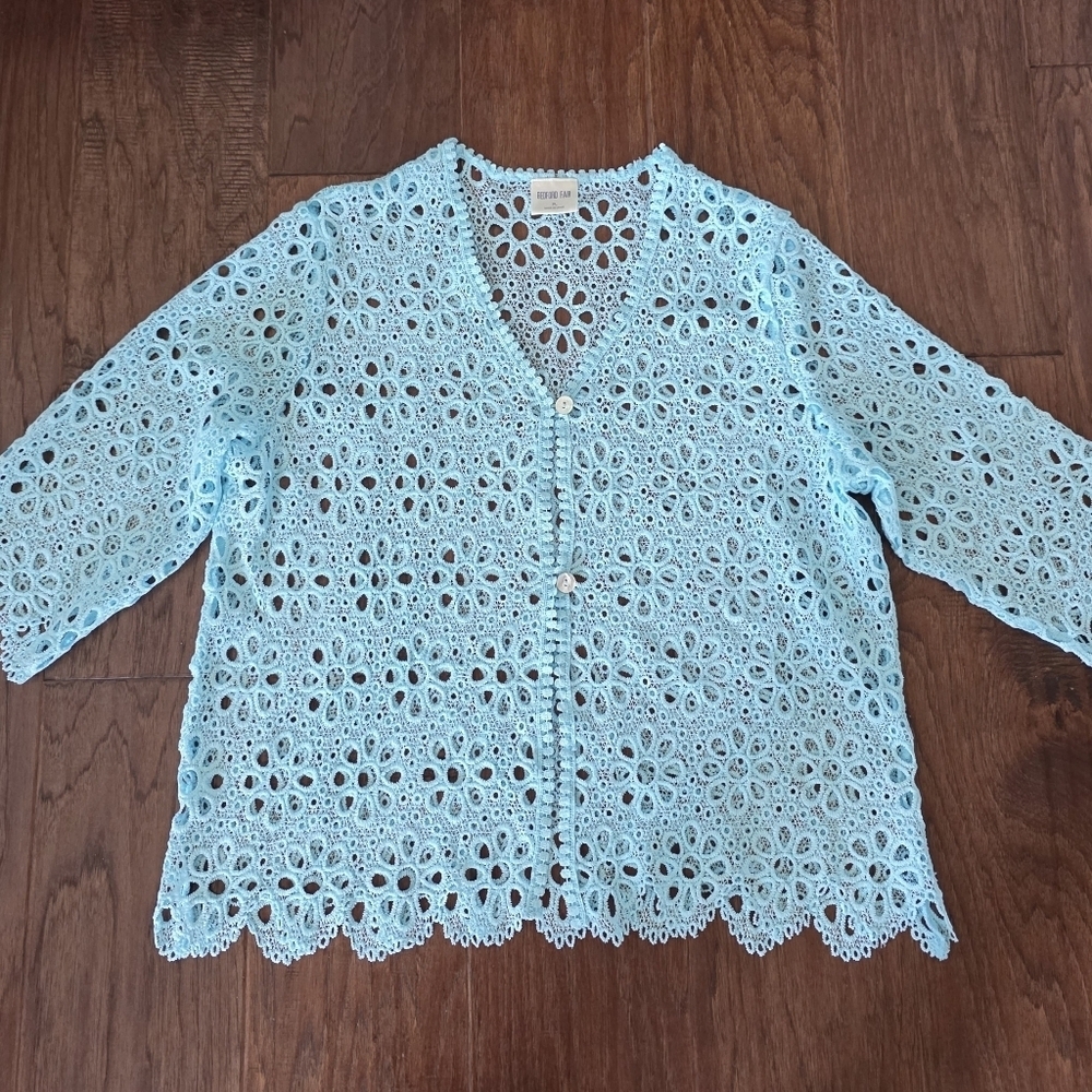 Blue Crochet Cardigan Lace Women's Size P Large Aqua Blue Cottagecore Coquette - Picture 3 of 4